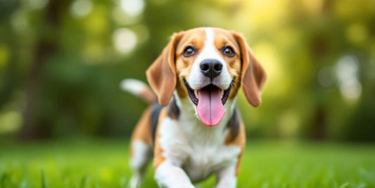 Energetic beagle playing in green grass outdoors.