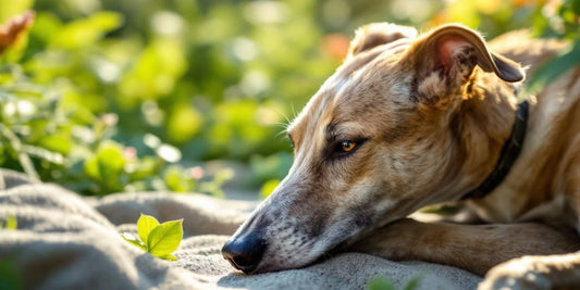 Relaxed greyhound in a peaceful garden setting.