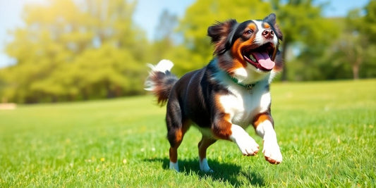 Happy dog running in a vibrant green park.
