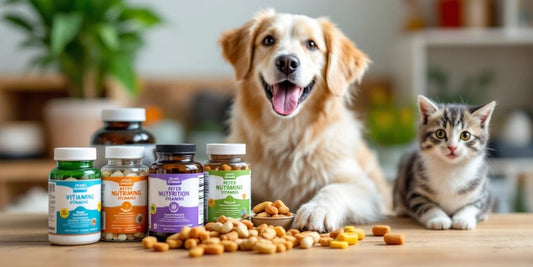 Colorful pet vitamins with a dog and cat nearby.