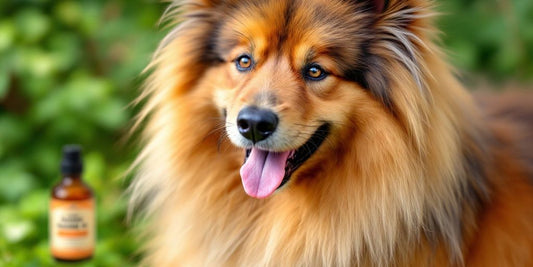 Keeshond with shiny coat and salmon oil in background.
