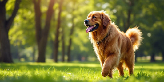 Leonberger dog walking in a green park.