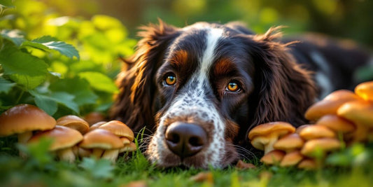 Field Spaniel in garden with turkey tail mushrooms.