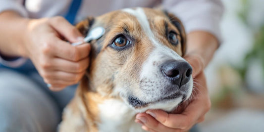 Dog getting ears cleaned by its owner.