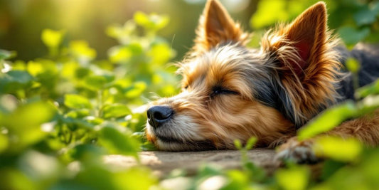 Australian Terrier relaxing in a peaceful garden setting.