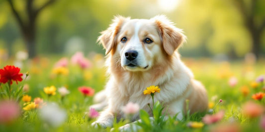 Calm show dog resting in a sunny field.