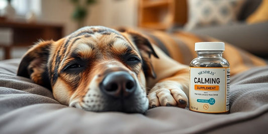 A relaxed dog with calming supplement bottle beside it.