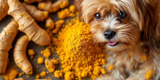 Turmeric roots and powder with a Lhasa Apso dog.