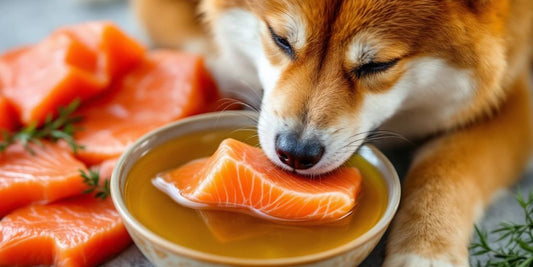 Shiba Inu with salmon oil and fresh salmon fillets.