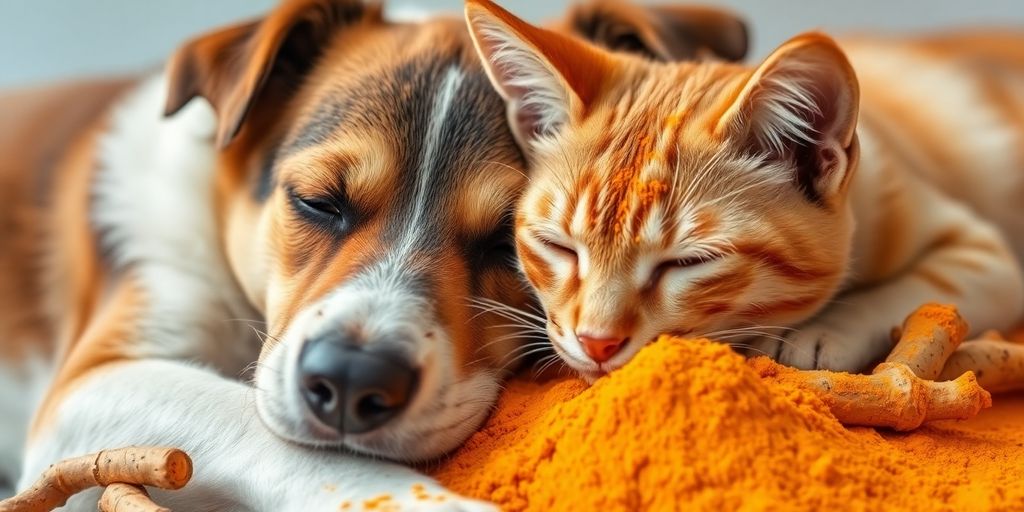 Dog and cat resting with turmeric roots and powder.