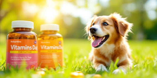Happy dog with colorful vitamin bottles outdoors.