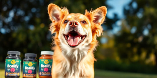 Happy dog outdoors with brain health supplements.