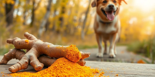 Turmeric roots and powder with a happy dog nearby.