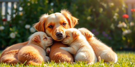 Mother dog with playful puppies in a sunny garden.