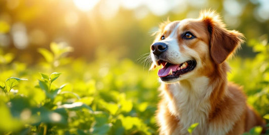 Happy dog among lush Ashwagandha plants outdoors.