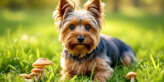 Yorkshire Terrier with turkey tail mushrooms on grass.