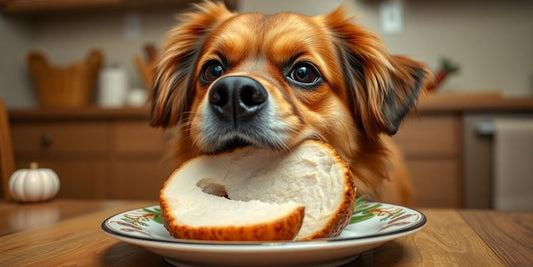 Happy dog with turkey on a festive plate.