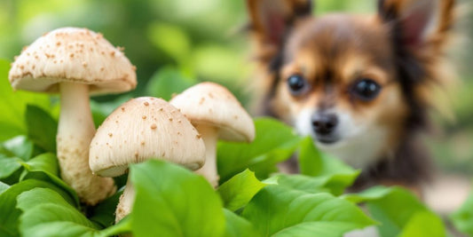 Chihuahua near fresh maitake mushrooms and green leaves.