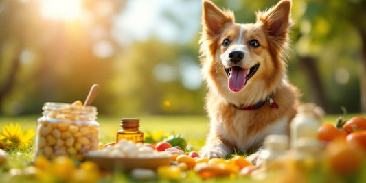 Healthy dog outdoors with dietary supplements and vitamins.