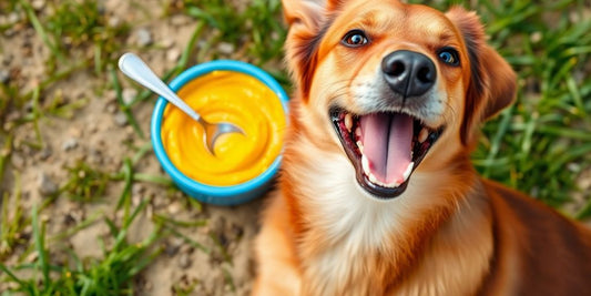 Dog enjoying turmeric golden paste in a vibrant bowl.