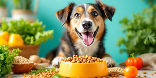 Happy dog eating vet recommended nutritious dog food.