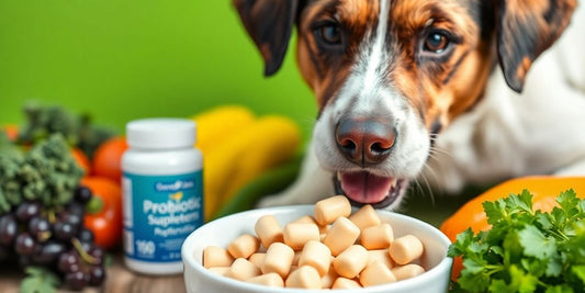 Healthy dog eating probiotics with fresh vegetables.