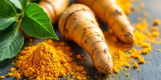 Turmeric roots and powder with green leaves.