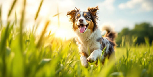 Australian Shepherd playing in green barley grass field.