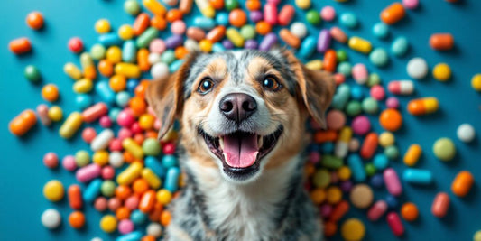 Happy dog with colorful vitamins for health.