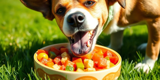 Dog enjoying probiotic-rich food in a sunny garden.