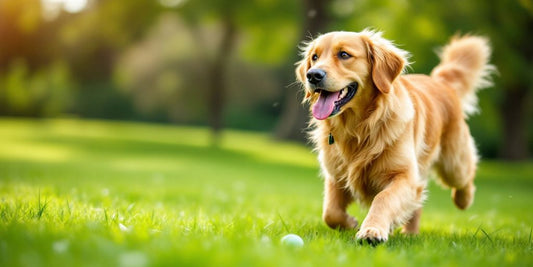 Golden retriever playing fetch in a sunny park.