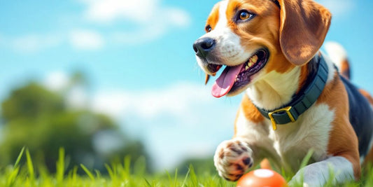 Muscular beagle playing outdoors in a vibrant setting.