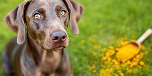 Weimaraner dog with turmeric on grass.