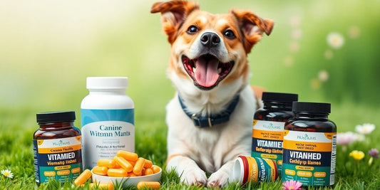 Happy dog with vitamin supplements in a natural setting.
