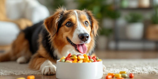 Happy dog with colorful daily supplements and vitamins.