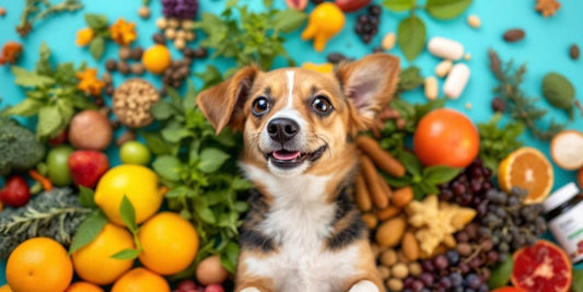 Healthy dog with natural herbs and fruits for immune support.