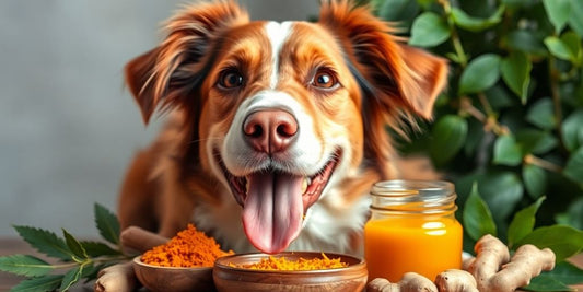 Happy dog with natural remedies and herbs for inflammation.