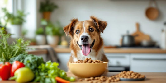 Healthy dog eating nutritious food in a bright kitchen.