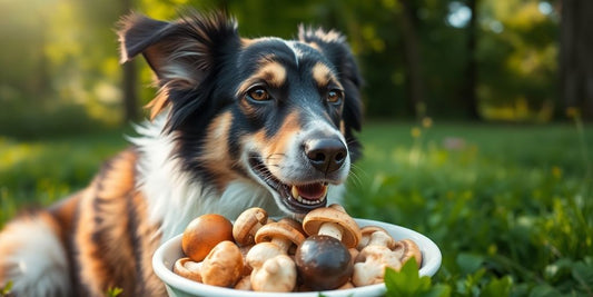 Dog with a bowl of fresh mushrooms outdoors.