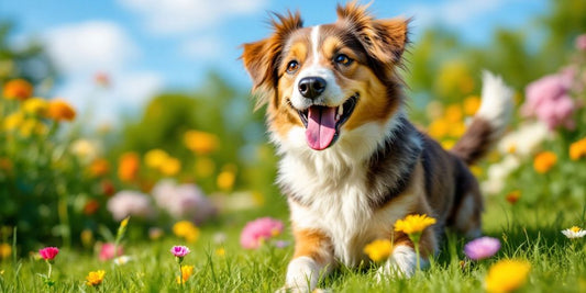 Happy dog playing in a sunny park with flowers.