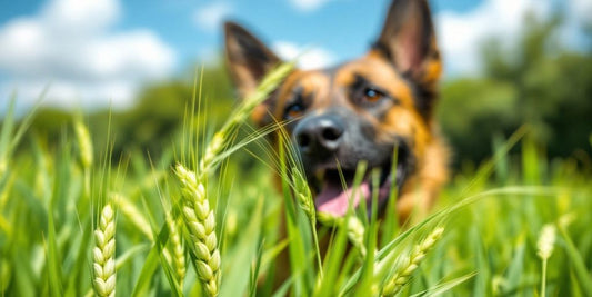 Fresh barley grass with a Belgian Malinois in the background.