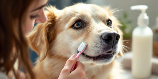 Gentle dog teeth cleaning with a soft toothbrush.