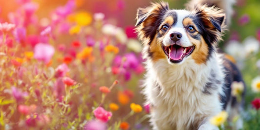 Happy dog playing in a sunny outdoor setting.