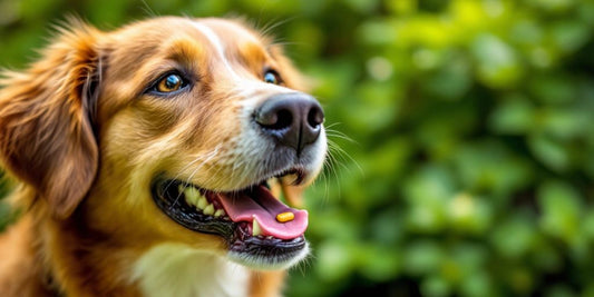 Happy dog eating a tablet in a green garden.