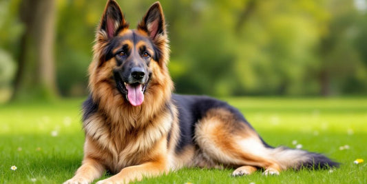 German Shepherd resting peacefully on green grass.