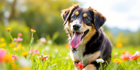 Happy dog playing in a lush green field.
