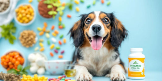 Happy dog with colorful vitamin supplements and natural ingredients.