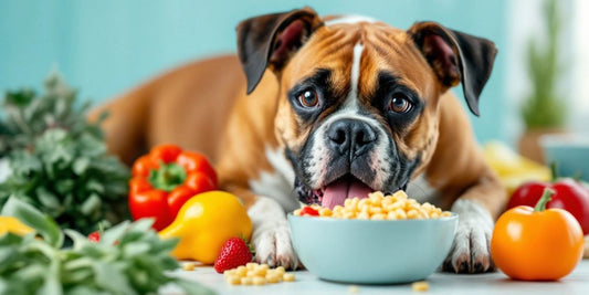Boxer dog with natural probiotics and fresh vegetables.
