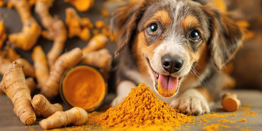 Happy dog with turmeric supplement and roots.