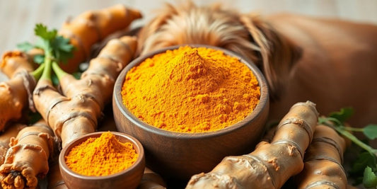 Turmeric powder, roots, and a healthy, playful dog.